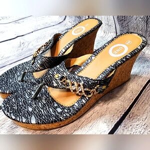 Black/gray & gold ONE cork wedge heels with jewel detail, size 9